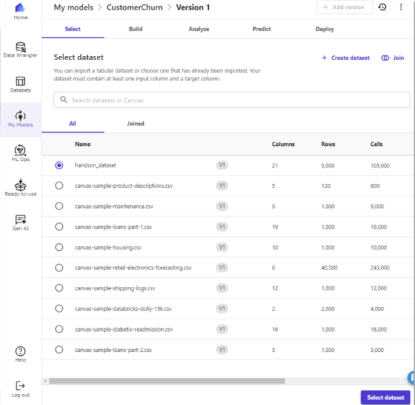 SageMaker Canvas select dataset