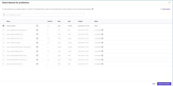 SageMaker Canvas Select dataset