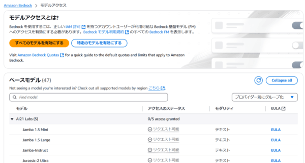 Bedrockモデルアクセス画面