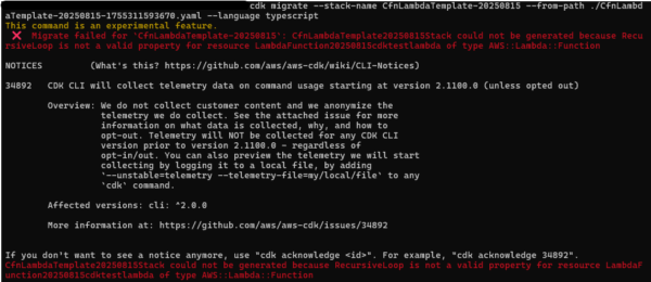 cdk migrate error
