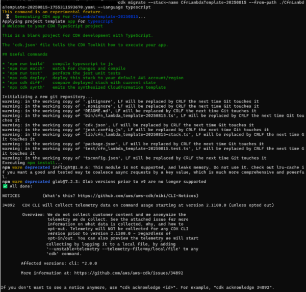 cdk migrate success