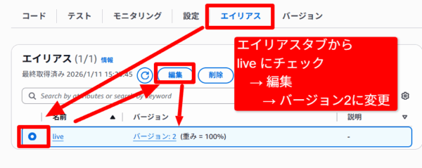 Lambda関数の live エイリアスを バージョン 2 に変更