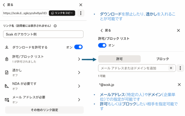 DocSend 共有リンクへのアクセス権設定　（共有相手に応じた柔軟なアクセス権設定が可能です）