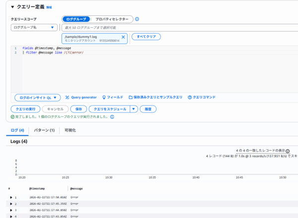CloudWatch ダッシュボードのログテーブルの追加例
