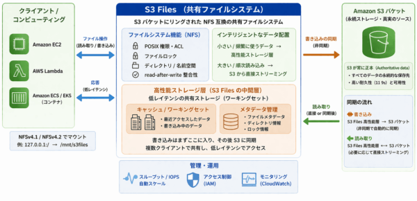 S3 Files アーキテクチャ　個人的な理解の図