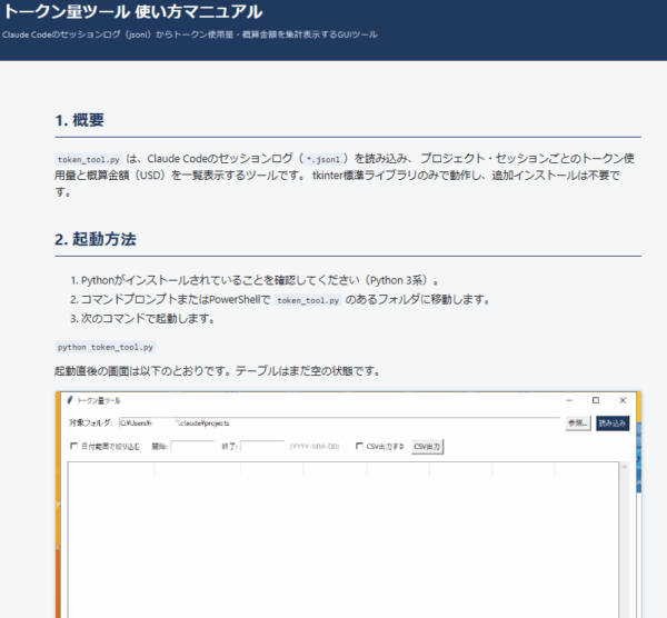 生成された画像付きHTMLマニュアルの例。概要と起動方法が見出しごとに整理され、実際のツールのスクリーンショットが埋め込まれている