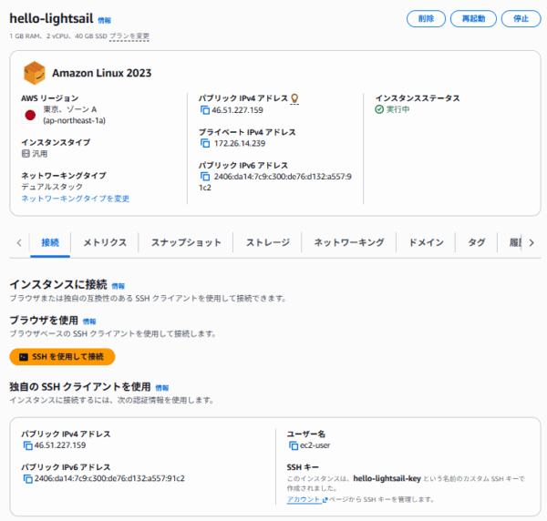Lightsailインスタンス詳細画面、ステータスが実行中