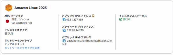 インスタンス詳細画面のパブリックIPv4アドレス欄